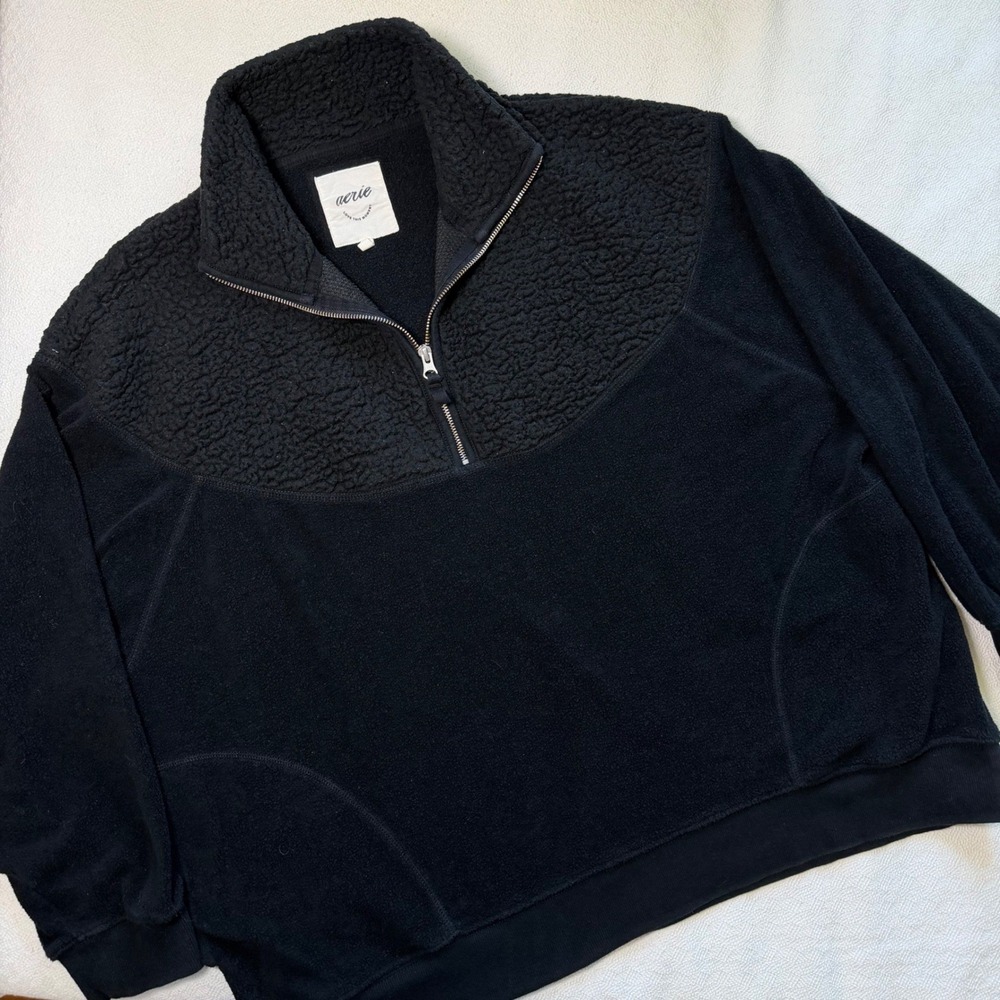 Aerie Womens Black Sherpa Mixed Media Quarter Zip Fleece Pullover Large 3165